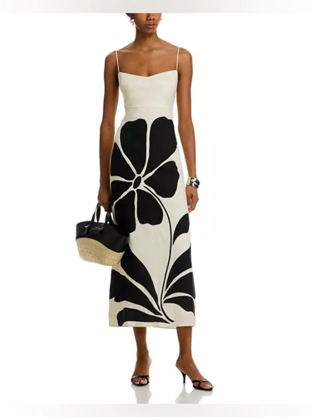 Cream Midi Dress with Bold Black Floral Print and Spaghetti Straps